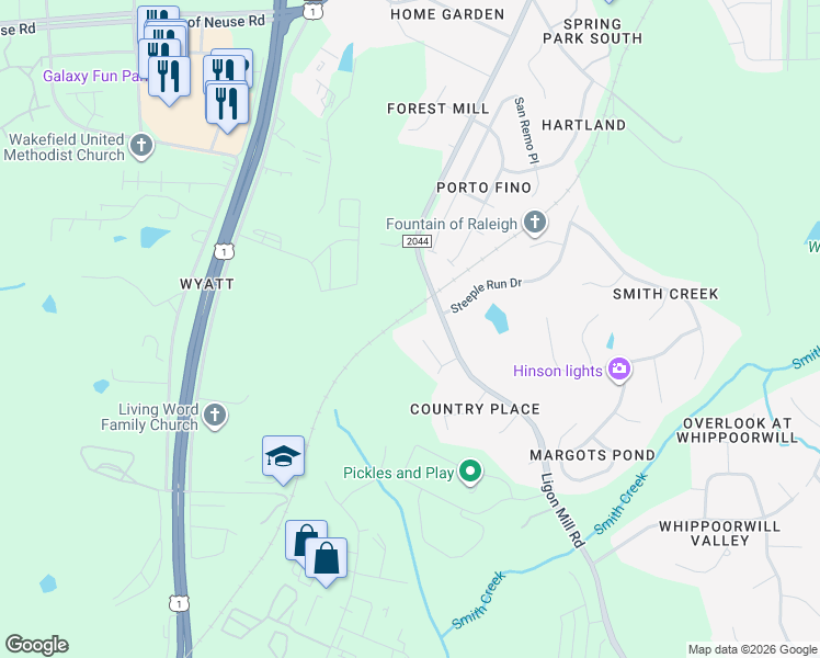 map of restaurants, bars, coffee shops, grocery stores, and more near 1031 Greenhow Lane in Wake Forest