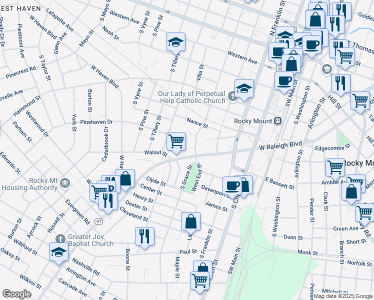 map of restaurants, bars, coffee shops, grocery stores, and more near 833 Garvis Street in Rocky Mount