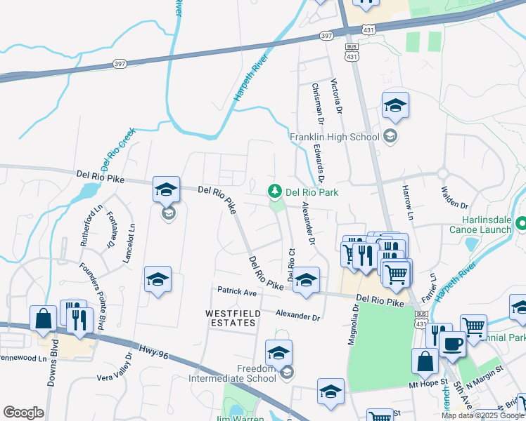 map of restaurants, bars, coffee shops, grocery stores, and more near 604 Dunbrooke Court in Franklin