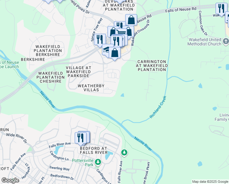 map of restaurants, bars, coffee shops, grocery stores, and more near 2640 Forest Shadows Lane in Raleigh