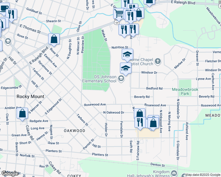 map of restaurants, bars, coffee shops, grocery stores, and more near 600 North Fairview Road in Rocky Mount
