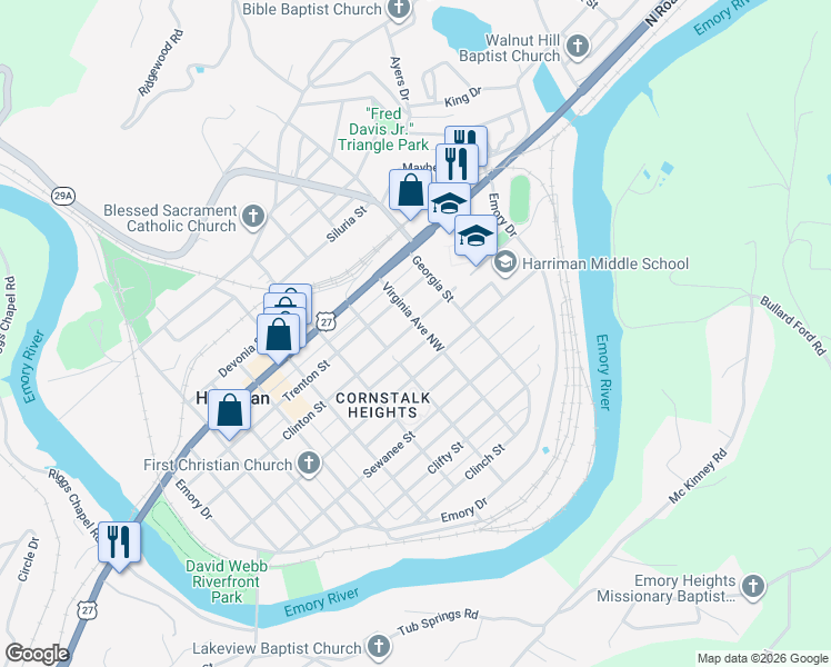 map of restaurants, bars, coffee shops, grocery stores, and more near 726 Clinton Street in Harriman