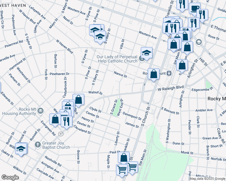 map of restaurants, bars, coffee shops, grocery stores, and more near 833 Garvis Street in Rocky Mount