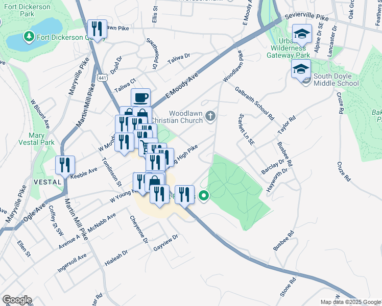 map of restaurants, bars, coffee shops, grocery stores, and more near 118 East Young High Pike in Knoxville