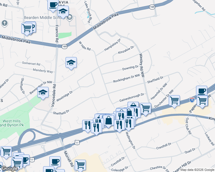 map of restaurants, bars, coffee shops, grocery stores, and more near 405 West Hills Road in Knoxville