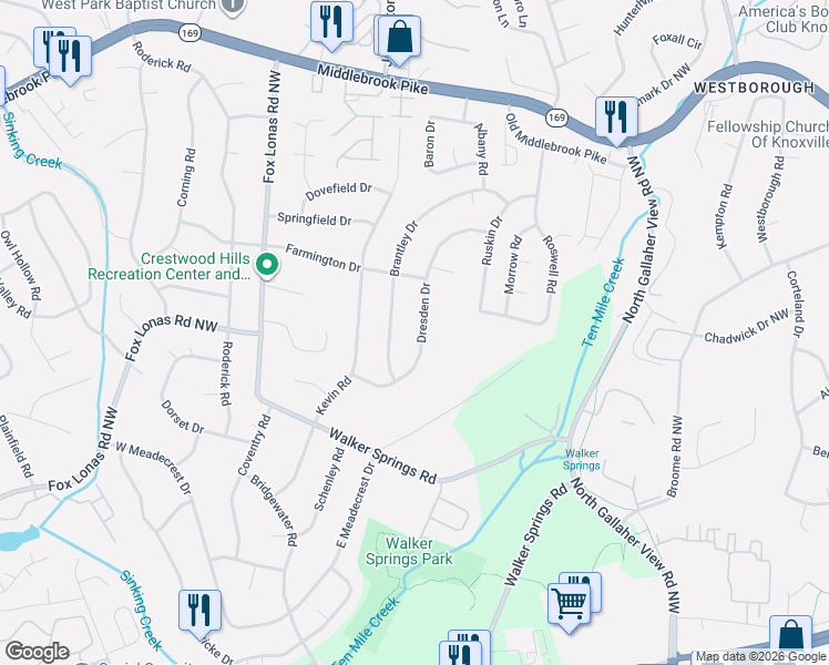 map of restaurants, bars, coffee shops, grocery stores, and more near 8533 Dresden Drive in Knoxville