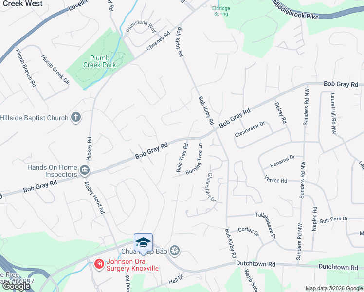 map of restaurants, bars, coffee shops, grocery stores, and more near 1112 Rain Tree Road in Knoxville