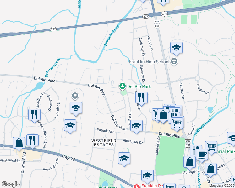 map of restaurants, bars, coffee shops, grocery stores, and more near 604 Dunbrooke Court in Franklin