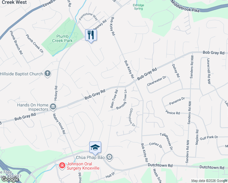 map of restaurants, bars, coffee shops, grocery stores, and more near 1112 Rain Tree Road in Knoxville