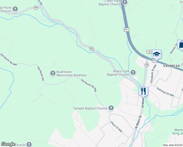 map of restaurants, bars, coffee shops, grocery stores, and more near 1815 Chrosaro Place in Lenoir