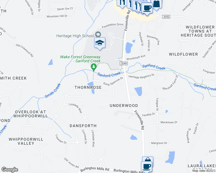 map of restaurants, bars, coffee shops, grocery stores, and more near 3928 Song Sparrow Drive in Wake Forest