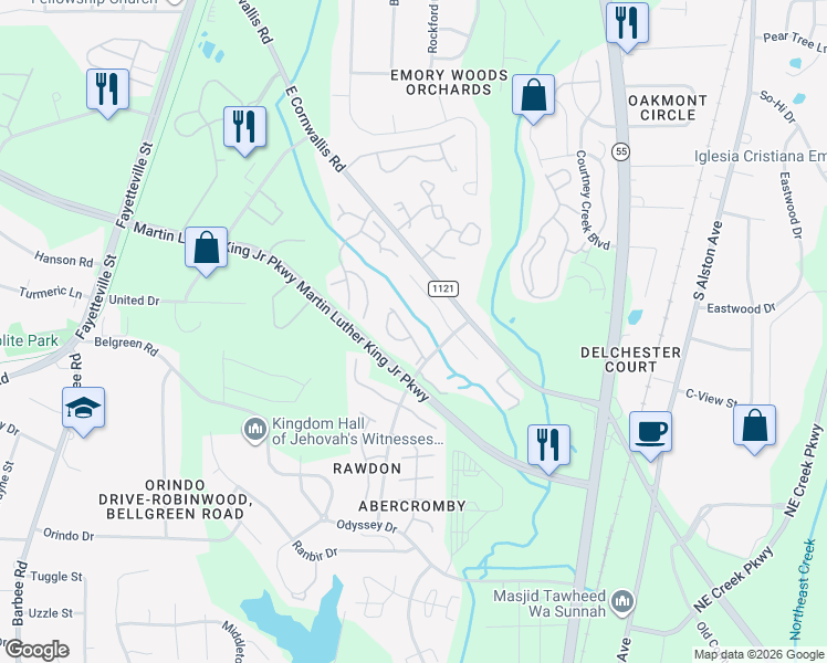 map of restaurants, bars, coffee shops, grocery stores, and more near 3326 Tarleton West in Durham