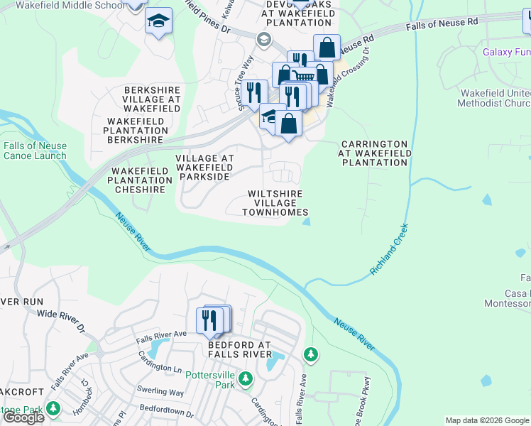 map of restaurants, bars, coffee shops, grocery stores, and more near 2618 Forest Shadows Lane in Raleigh