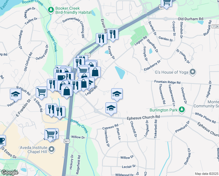 map of restaurants, bars, coffee shops, grocery stores, and more near 21 Clover Drive in Chapel Hill