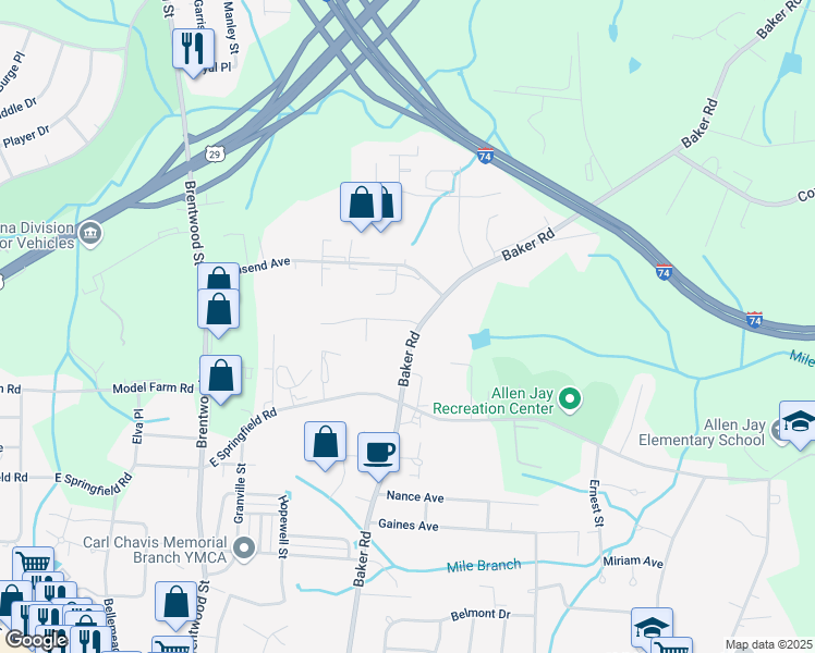 map of restaurants, bars, coffee shops, grocery stores, and more near 1212 Baker Road in High Point