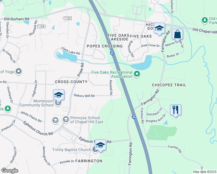 map of restaurants, bars, coffee shops, grocery stores, and more near 5304 Bakers Mill Road in Durham