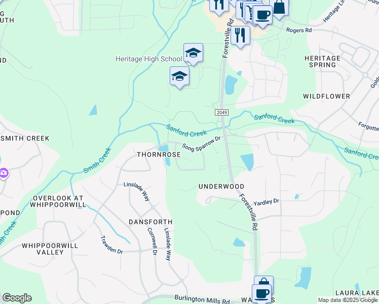 map of restaurants, bars, coffee shops, grocery stores, and more near 3921 Robins Nest Lane in Wake Forest