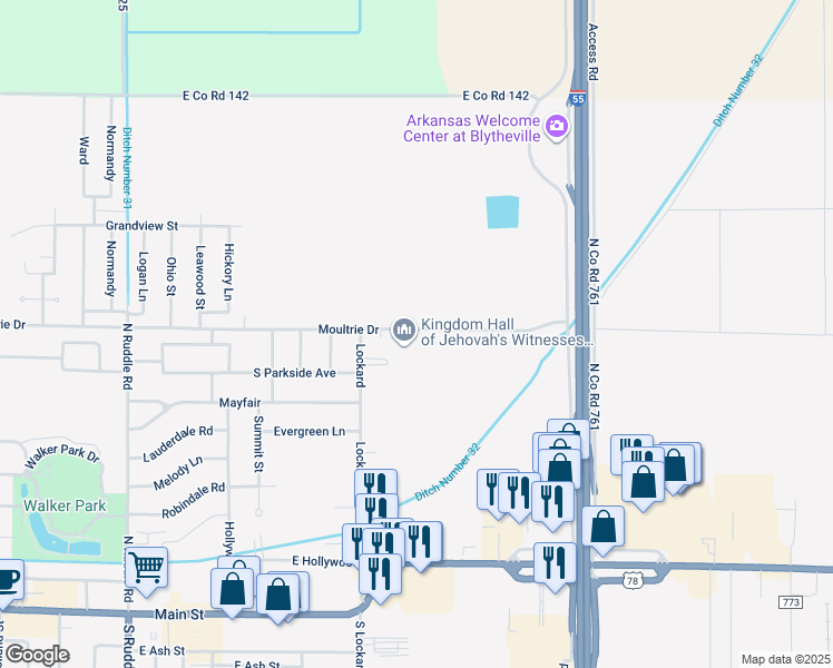 map of restaurants, bars, coffee shops, grocery stores, and more near 1401 Moultrie Drive in Blytheville