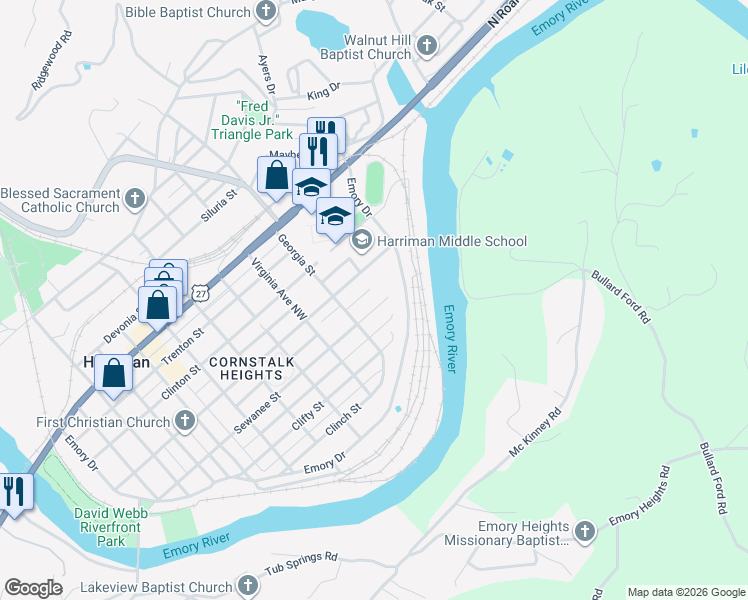 map of restaurants, bars, coffee shops, grocery stores, and more near 925 Sewanee Street in Harriman