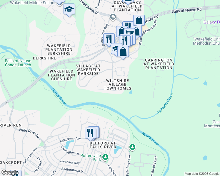 map of restaurants, bars, coffee shops, grocery stores, and more near 2532 Forest Shadows Lane in Raleigh