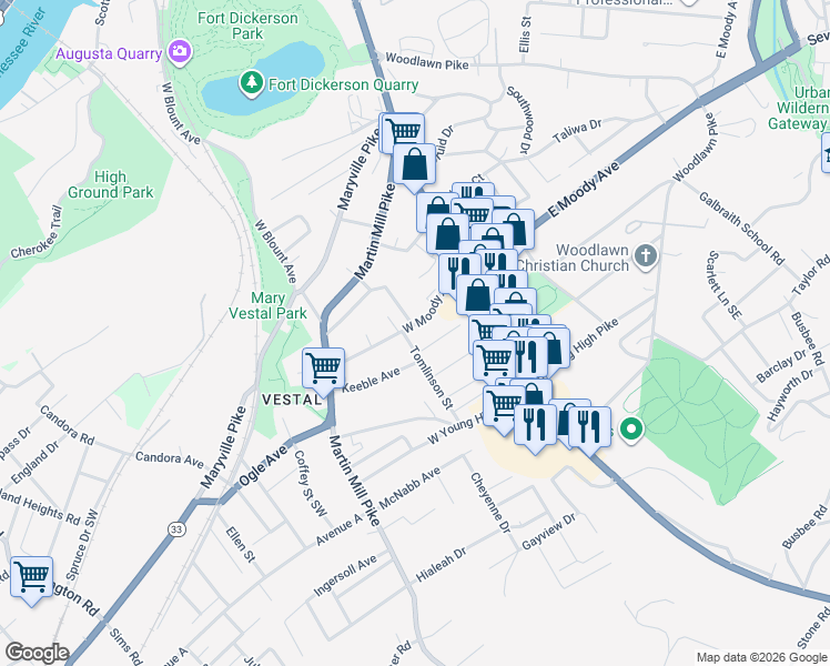 map of restaurants, bars, coffee shops, grocery stores, and more near 201 Keeble Avenue in Knoxville