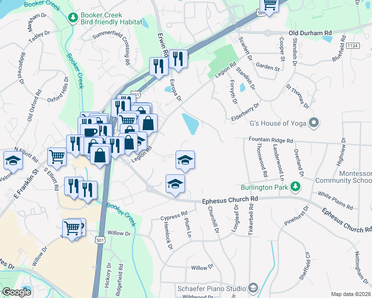 map of restaurants, bars, coffee shops, grocery stores, and more near 32 Clover Drive in Chapel Hill
