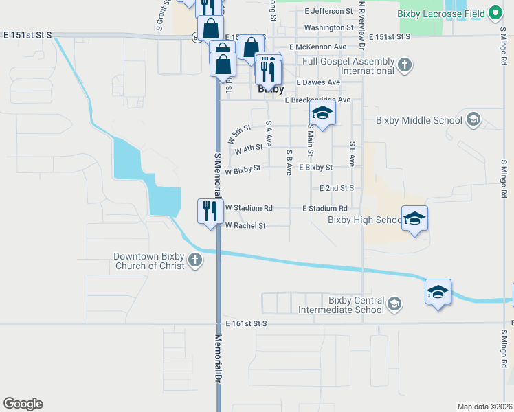 map of restaurants, bars, coffee shops, grocery stores, and more near 25 West Rachel Street in Bixby