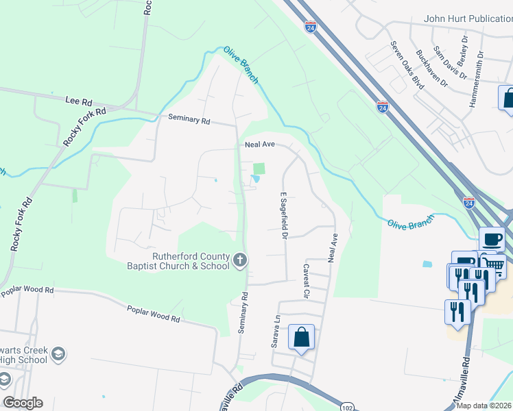 map of restaurants, bars, coffee shops, grocery stores, and more near 405 Bluegrass Court in Smyrna