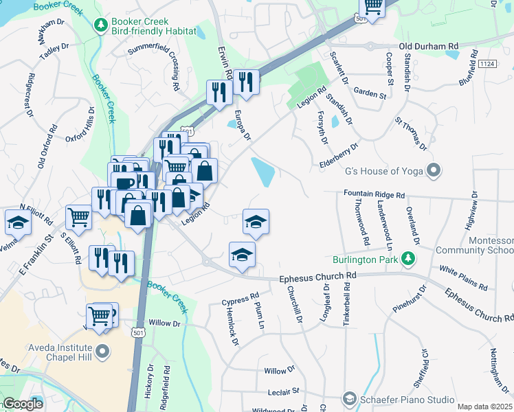 map of restaurants, bars, coffee shops, grocery stores, and more near 32 Clover Drive in Chapel Hill