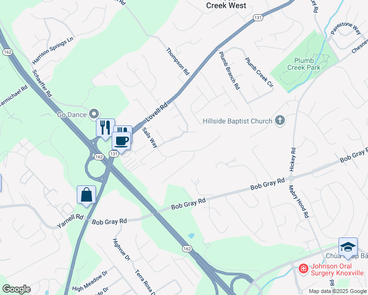 map of restaurants, bars, coffee shops, grocery stores, and more near 1616 Sails Way in Knoxville