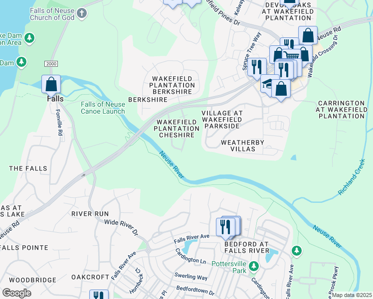 map of restaurants, bars, coffee shops, grocery stores, and more near 12404 Village Pines Lane in Raleigh