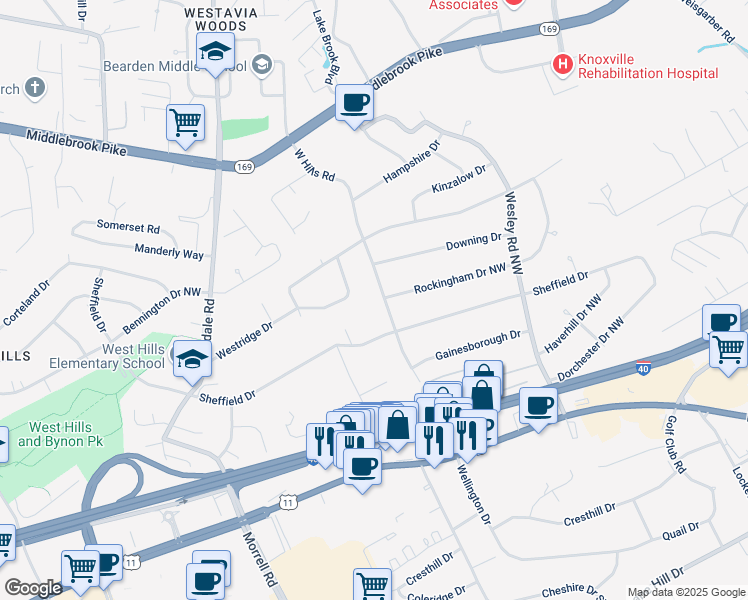map of restaurants, bars, coffee shops, grocery stores, and more near 405 West Hills Road in Knoxville