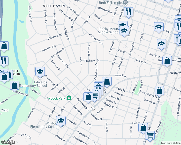 map of restaurants, bars, coffee shops, grocery stores, and more near 841 Burton Street in Rocky Mount