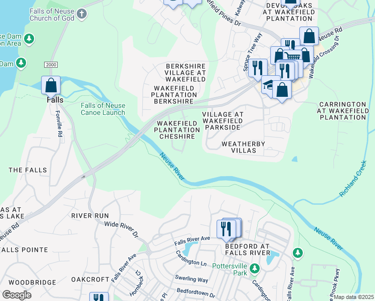 map of restaurants, bars, coffee shops, grocery stores, and more near 12404 Village Pines Lane in Raleigh