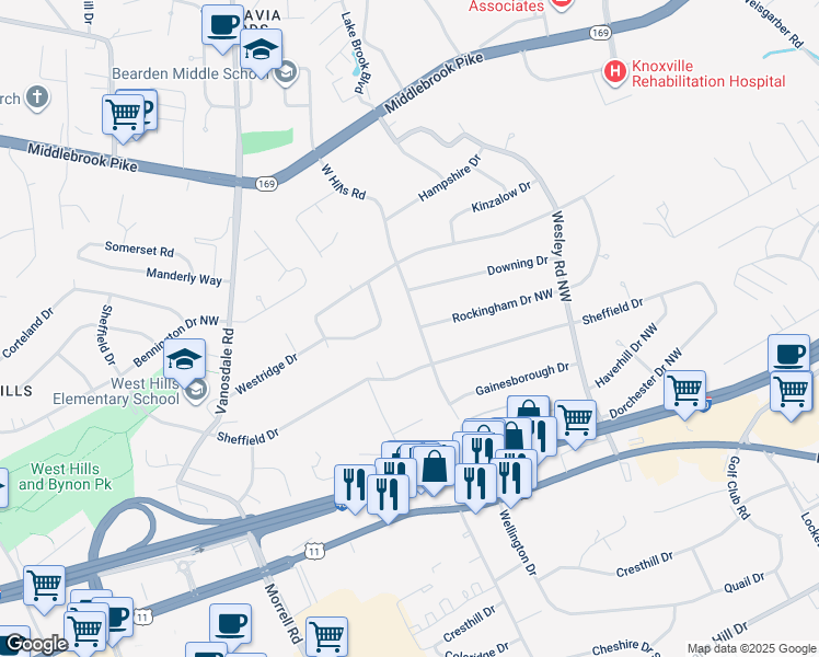 map of restaurants, bars, coffee shops, grocery stores, and more near 405 West Hills Road in Knoxville