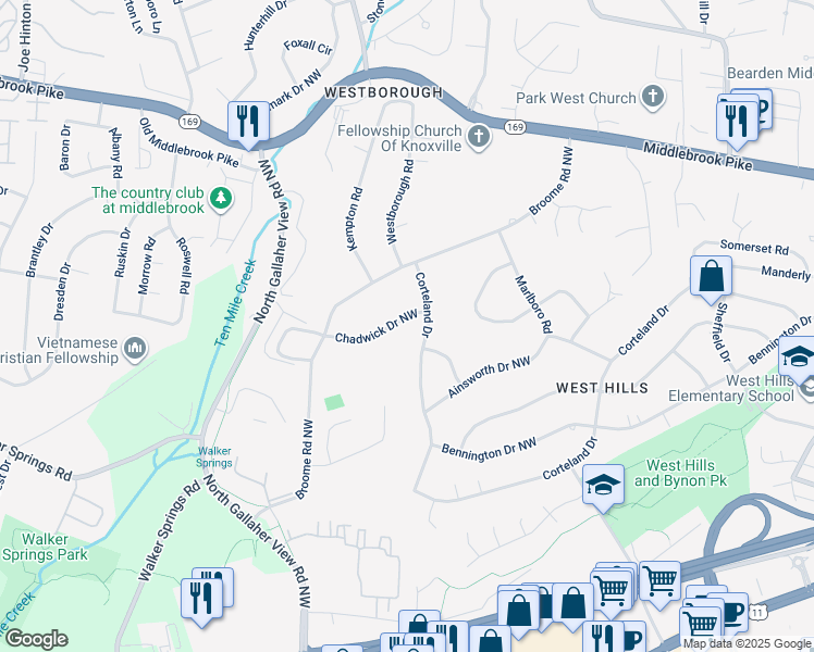 map of restaurants, bars, coffee shops, grocery stores, and more near 8318 Chadwick Drive Northwest in Knoxville