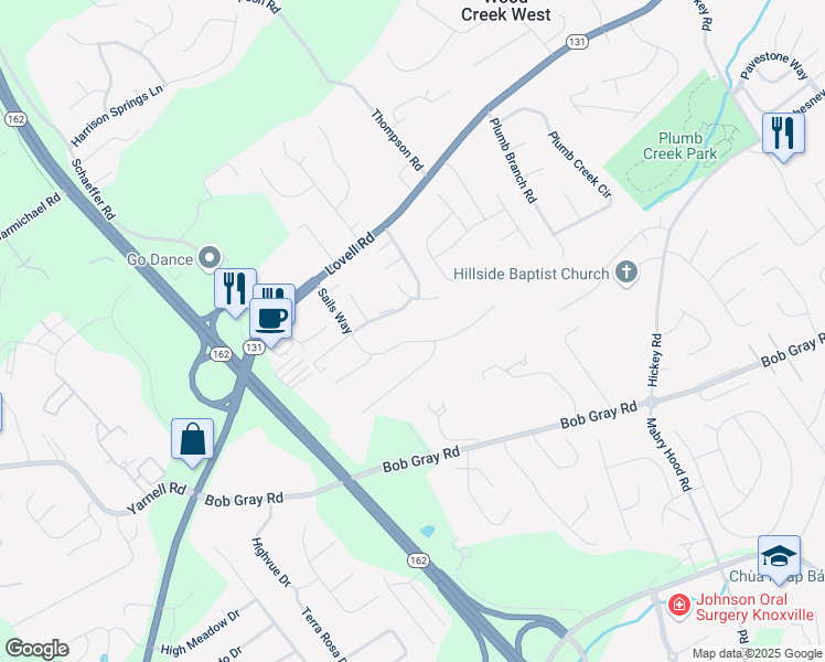 map of restaurants, bars, coffee shops, grocery stores, and more near 1616 Sails Way in Knoxville