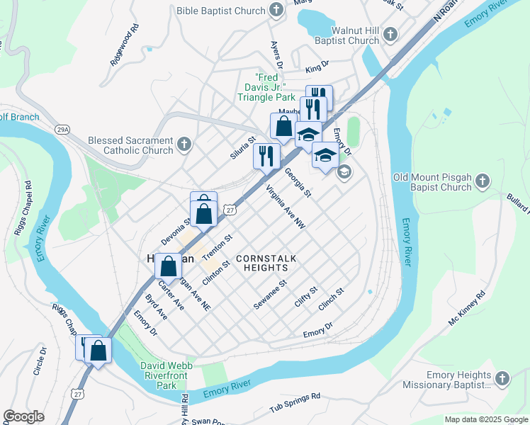 map of restaurants, bars, coffee shops, grocery stores, and more near 706 Clinton Street in Harriman