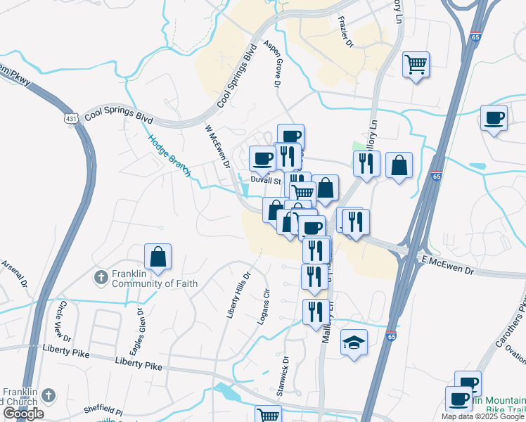 map of restaurants, bars, coffee shops, grocery stores, and more near W McEwen Dr & Reliance Dr in Franklin