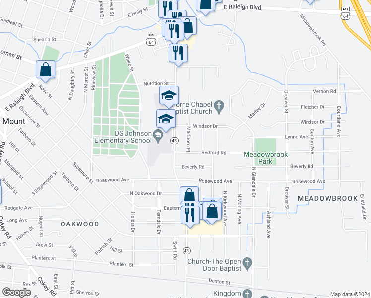 map of restaurants, bars, coffee shops, grocery stores, and more near 1512 Bedford Road in Rocky Mount