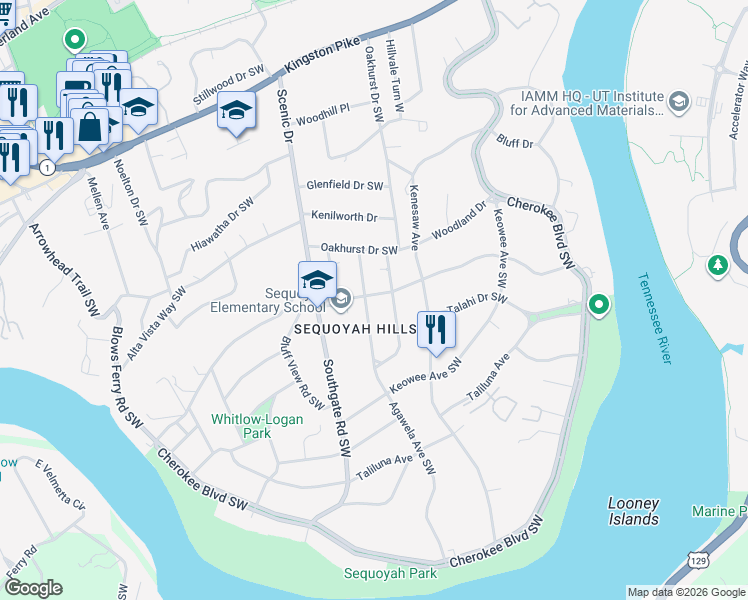 map of restaurants, bars, coffee shops, grocery stores, and more near 927 Woodside Street in Knoxville