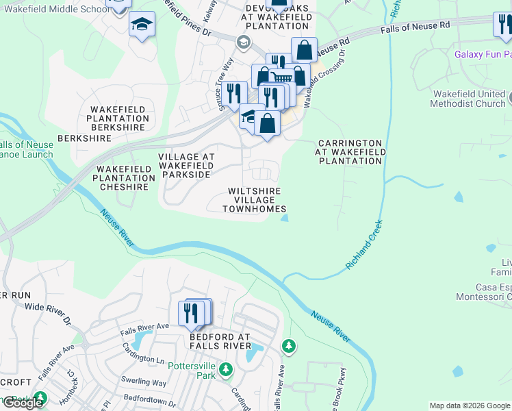 map of restaurants, bars, coffee shops, grocery stores, and more near 2626 Hamlet Green Drive in Raleigh