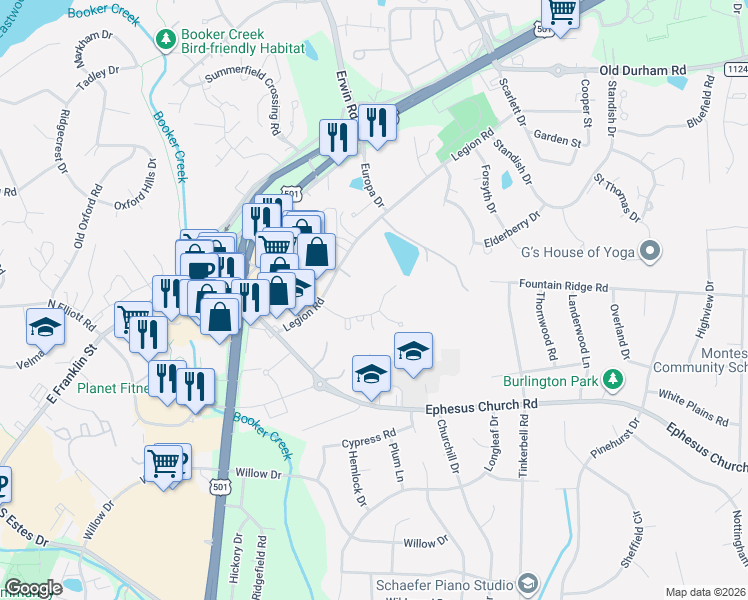 map of restaurants, bars, coffee shops, grocery stores, and more near 108 Turnberry Lane in Chapel Hill