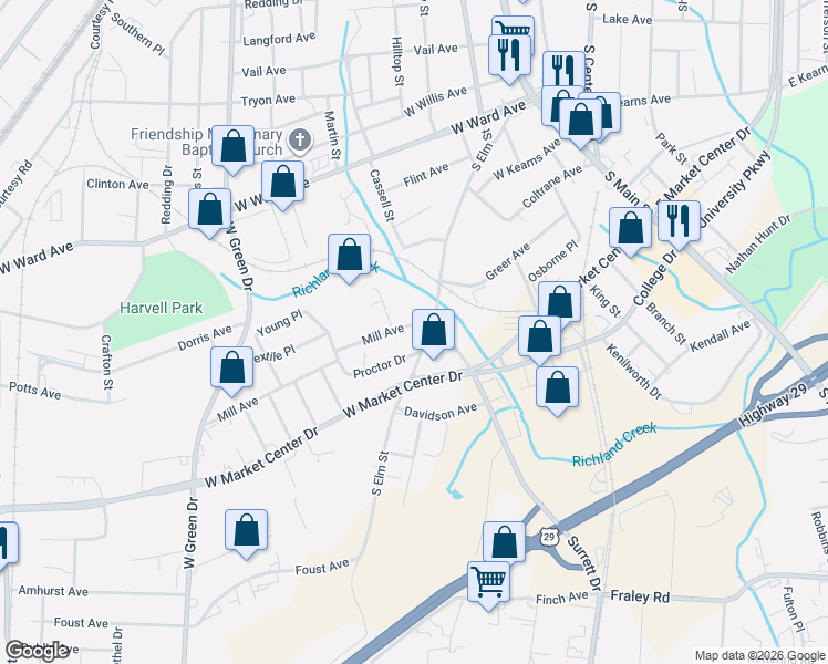 map of restaurants, bars, coffee shops, grocery stores, and more near 910 Mill Avenue in High Point