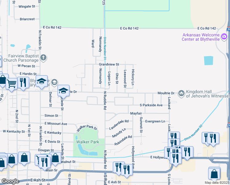 map of restaurants, bars, coffee shops, grocery stores, and more near 1017 Ohio Street in Blytheville