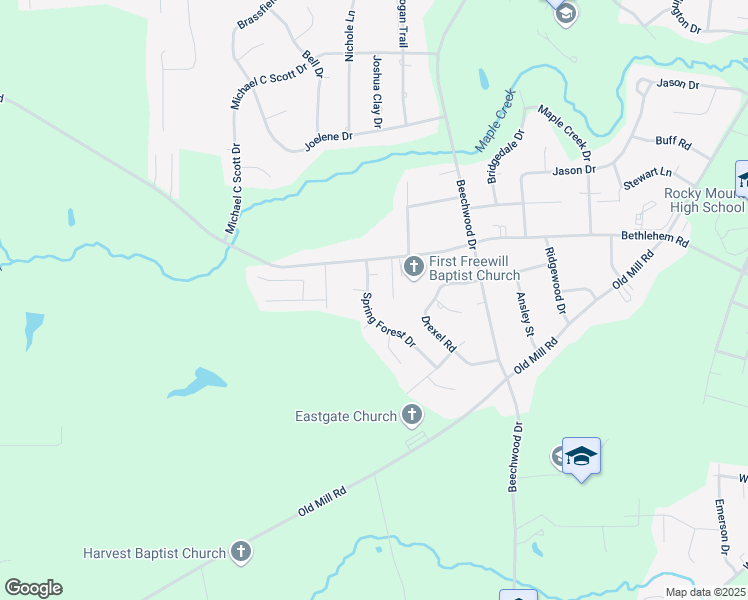 map of restaurants, bars, coffee shops, grocery stores, and more near 1105 Spring Forest Drive in Rocky Mount