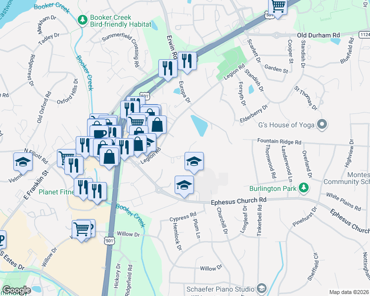 map of restaurants, bars, coffee shops, grocery stores, and more near 108 Turnberry Lane in Chapel Hill