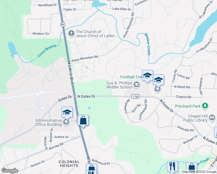 map of restaurants, bars, coffee shops, grocery stores, and more near 203 Huntington Drive in Chapel Hill