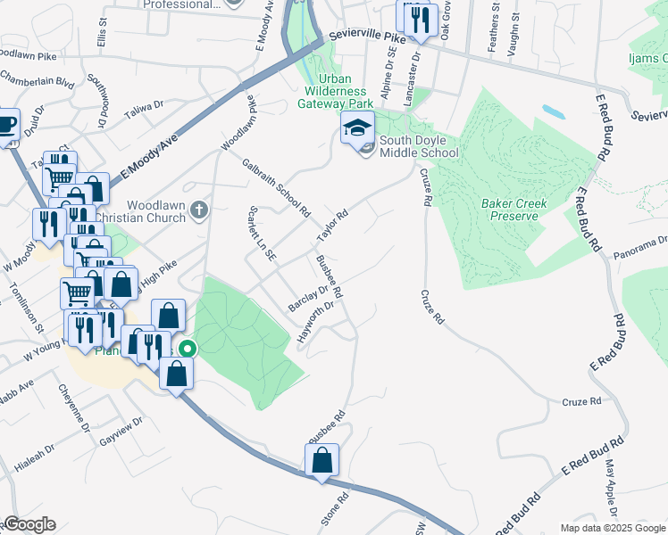 map of restaurants, bars, coffee shops, grocery stores, and more near 620 Busbee Road in Knoxville