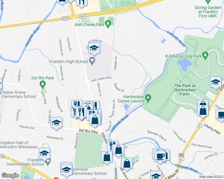 map of restaurants, bars, coffee shops, grocery stores, and more near 821 Walden Drive in Franklin
